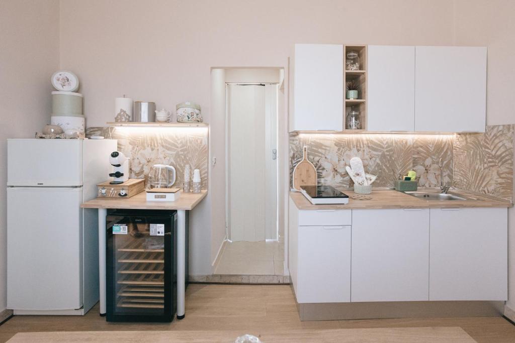 Cucina moderna dai colori chiari con piano a induzione, microonde, macchina del caffè, bollitore e cantinetta vini. Piastrelle decorative a motivo floreale e completa di stoviglie.